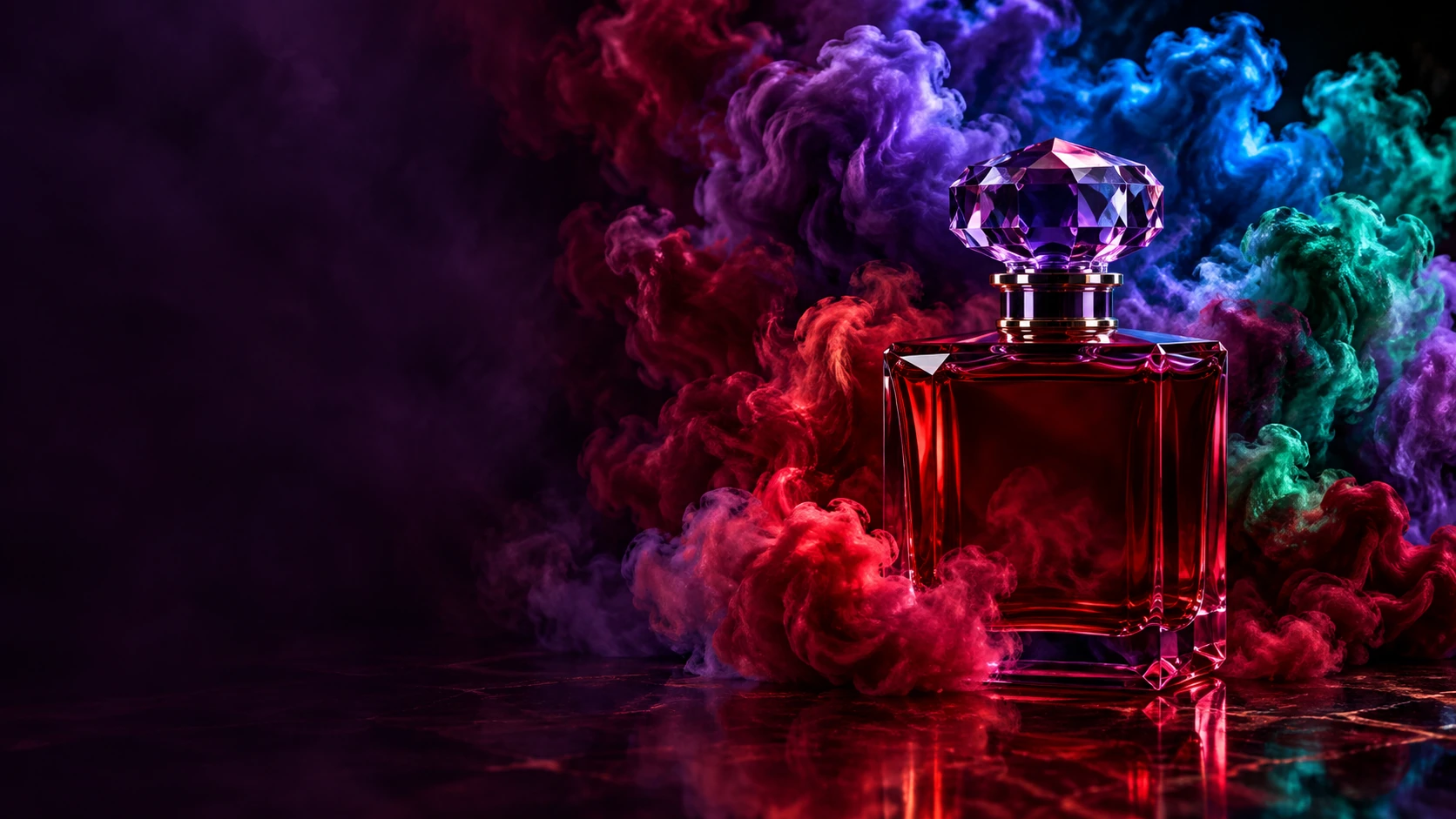 Ruby glass and jewel-coloured perfume clouds, an imaginative illustration of the novel’s sensory world