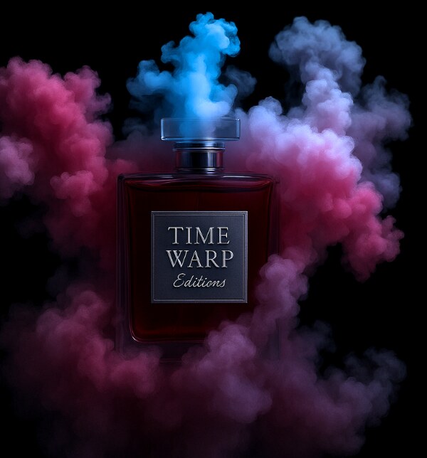 Time Warp Editions — perfume bottle insignia surrounded by red and blue smoke